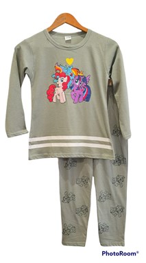 SIZE 9/10 - 13/14 BIG KIDS Pyjamas PLAIN LITTLE PONY LOVE DUSTY GREEN - Long Sleeve (Big Size) 9y-14y (KWF)