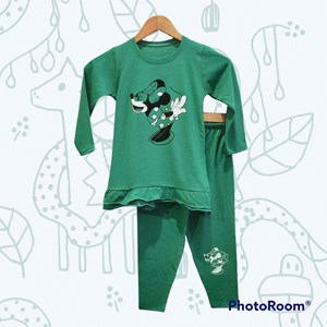 [SIZE 7] Pyjamas Kids CUTE MINNIE REACTION GREEN LONG Sleeve with LONG Pant