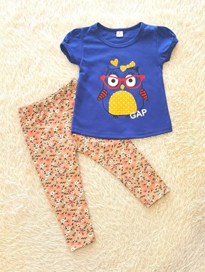 [SIZE 2Y] Girl Set Blue Owl With Brown Floral Pant