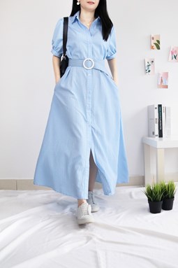 STRIPE BUTTON DOWN MAXI DRESS WITH BELT IN BLUE