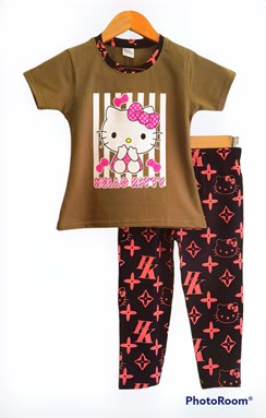 SIZE 1/2 KIDS Pyjamas HELLO KITTY RIBBON STRIPE ARMY GREEN- Short Sleeve 1y - 8y (KWF)