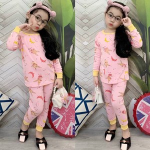 [SIZE 5, 6 , 9] Pyjamas Kids CUTE RABBIT STAR MOON LIGHT PINK LONG Sleeve with LONG Pant
