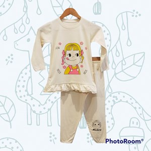 [SIZE 7 , 8 , 10] Pyjamas Kids CUTE GIRL FACE CREAM LONG Sleeve with LONG Pant