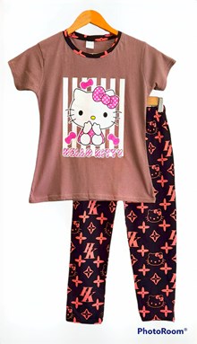 SIZE 11/12 BIG KIDS Pyjamas HELLO KITTY RIBBON STRIPE DUSTY BROWN - Short Sleeve (Big Size) 9y-14y (KWF)
