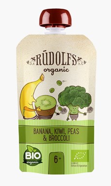 RUDOLFS ORGANIC BANANA, KIWI, GREEN PEAS & BROCOLLI PUREE