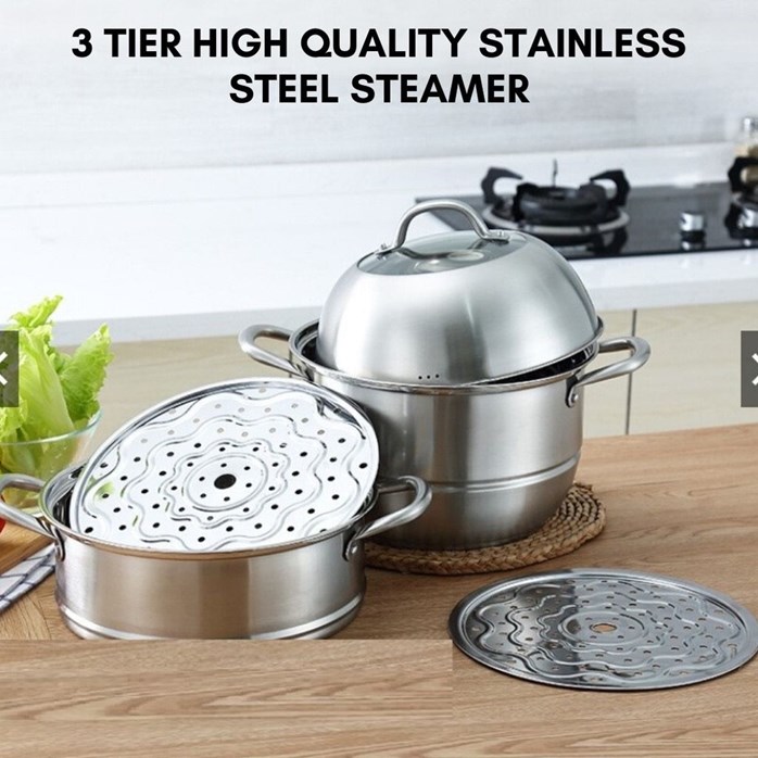 3 Tier 32cm Stainless Steel Steamer Pot Induction Friendly Cookware Steamer