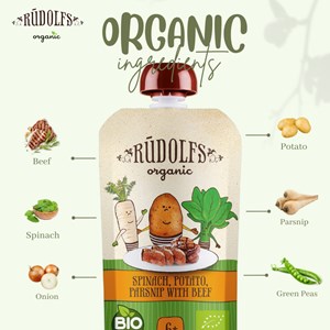 RUDOLFS PUREE - ORGANIC SPINACH, POTATO, PARSNIP WITH BEEF