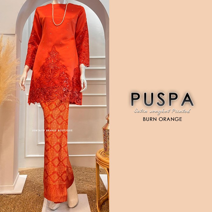 Puspa Puff Sleeve Embroidery Kurung Pahang Set - Brick Orange – Mis Claire