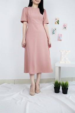 PUFFED SLEEVES SELF-TIE WAIST MIDI DRESS IN PINK
