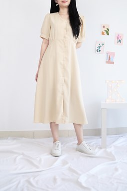 V-NECK BUTTON DOWN MIDI DRESS IN CREAM