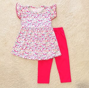 [SIZE 1/2Y] Girl Set Frock : PINK FLOWER WHITE WITH HOT PINK PANT (1y - 6y) SPG