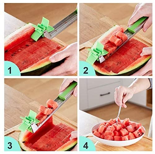 Melon Cutter Watermelon Cubes Slicer Stainless Steel Cutter Knife Corer Fruit Vegetable Tools Kitchen Gadgets, Size: 2, Green