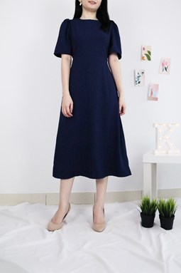 PUFFED SLEEVES SELF-TIE WAIST MIDI DRESS IN NAVY