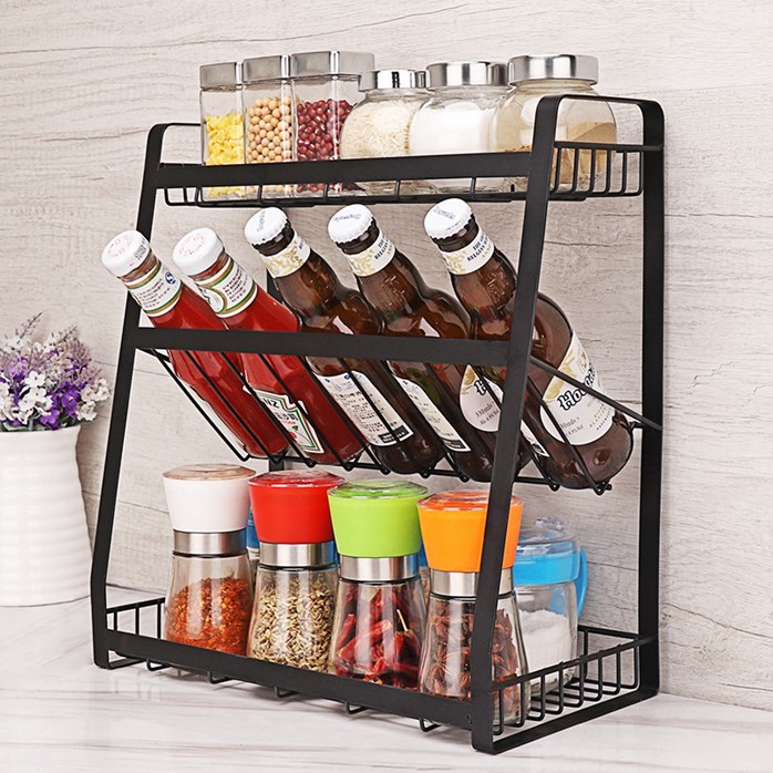 Black Steel 3 Layer Seasoning Rack Anti-Rust 3 Tiers Kitchen Organizer ...