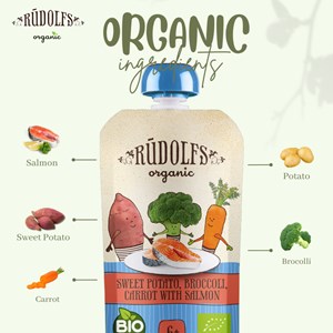 RUDOLFS PUREE - ORGANIC SWEET POTATO, BROCCOLI, CARROT WITH SALMON