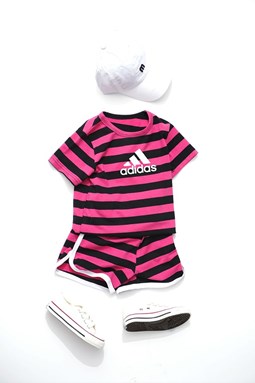 J & Y CASUAL SPORT SETS -  STRIPE PINK  ADIDAS   ( SIZE 2-7Y )