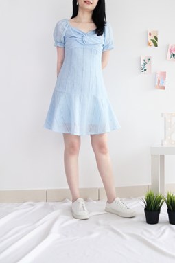 FRONT KNOT DROPWAIST EYELET DRESS IN BLUE