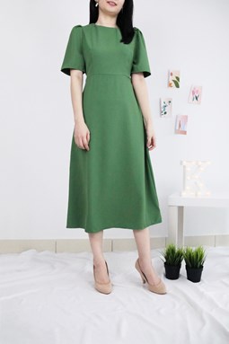 PUFFED SLEEVES SELF-TIE WAIST MIDI DRESS IN MATCHA