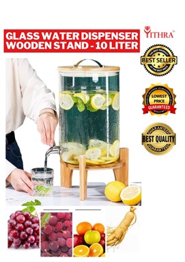 GLASS WATER DISPENSER WOODEN STAND - 10 LITER