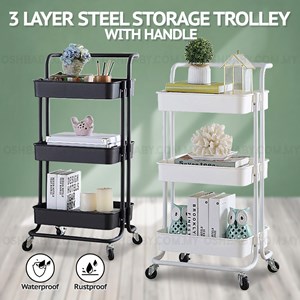 3 LAYER STEEL STORAGE TROLLEY + HANDLE
