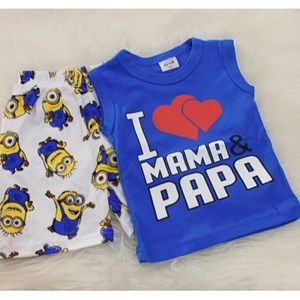 Singlet Boy Set -  Blue I Love Mamma Papa With Minion Pant ( 3y )