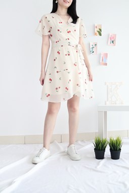 CHERRY V-NECK WRAP DRESS IN CREAM