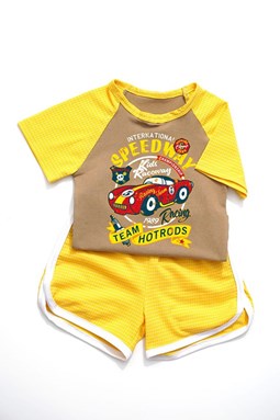J & Y CASUAL SPORT SETS - YELLOW  SPEEDWAY RED CAR   ( SIZE 2-7Y )