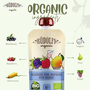 RUDOLFS PUREE - ORGANIC BLUEBERRY, PEAR, RASPBERRY WITH YOUGURT